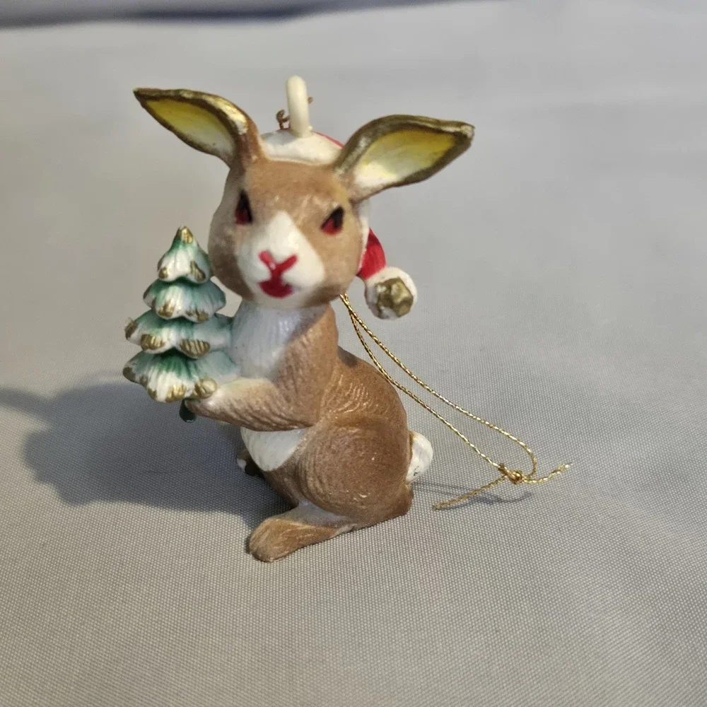Christmas Bunny Rabbit Ornament Holding Tree Santa Hat Vintage Style 2.5